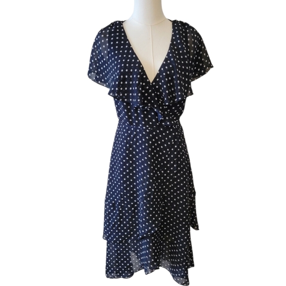 Adrianna Papell Black Polka Dot Chiffon Dress Size 4 - Picture 2 of 6